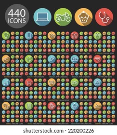 Set of 440 Universal Flat Minimalistic Elegant Standard Thin Line Icons on Circular Colored Buttons on Black Background.