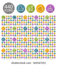 Set of 440 Universal Flat Minimalistic Elegant Standard Thin Line Icons on Circular Colored Buttons on White Background.