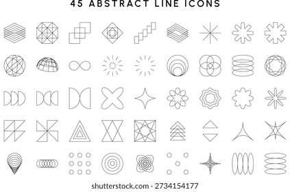 A set of 45 abstract line icons with clean geometric and symmetrical shapes. Minimal black outline design on a white background, ideal for logos, branding, UI, UX, infographics, web design, and modern creative projects. - Powered by Shutterstock - Get 15% off with code: PIKWIZARD15