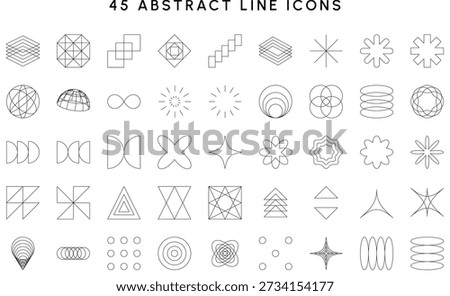 A set of 45 abstract line icons with clean geometric and symmetrical shapes. Minimal black outline design on a white background, ideal for logos, branding, UI, UX, infographics, web design, and modern creative projects.
