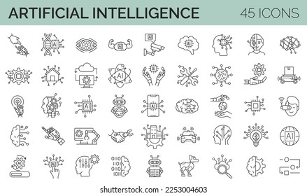 
Set of 45 artificial intelligence, robotic, machine learning icons. Editable stroke line collection. Vector illustration
