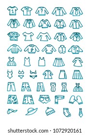 Set of the 45 blue icons of clothes drawn by hand with a felt-tip pen, good for price tags, Internet sales and decoration of the websites