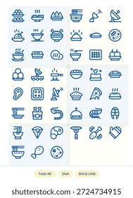 Set von 45 Bold Line Icons rund um Dish, für nahtlose Integration in Apps und Websites konzipiert.