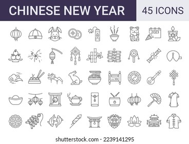 Conjunto de 45 iconos chinos de la línea de Año Nuevo. colección de iconos de trazo editable de esquema. tema tradicional de las vacaciones chinas. Ilustración del vector