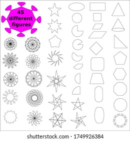 Set of 45 different figures and patterns. Geometric figures.  2D figures.