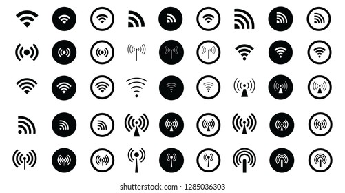Set of 45 different Wifi icons. Vector wi-fi signal sign. Set of monochrome wireless symbols. EPS 10
