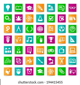 Set of 45 Education Icons on Square Modern Buttons on White Background.