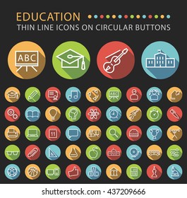 Set 45 Elegant Universal White Education Minimalistic Thin Line Icons on Circular Colored Buttons on Black Background.