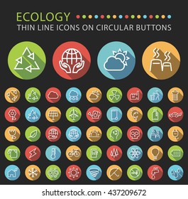 Set 45 Elegant Universal White Ecology Minimalistic Thin Line Icons on Circular Colored Buttons on Black Background.
