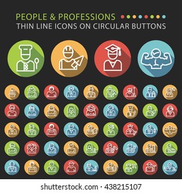Set 45 Elegant Universal White People and Professions Minimalistic Thin Line Icons on Circular Colored Buttons on Black Background.