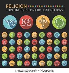 Set 45 Elegant Universal White Religion Minimalistic Thin Line Icons on Circular Colored Buttons on Black Background.