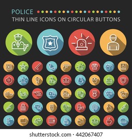 Set 45 Elegant Universal White Police Minimalistic Thin Line Icons on Circular Colored Buttons on Black Background.