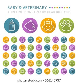 Set of 45 Elegant Universal White Baby and Veterinary Minimalistic Thin Line Icons on Circular Colored Buttons on White Background.
