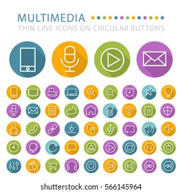 Set of 45 Elegant Universal White Multimedia Minimalistic Thin Line Icons on Circular Colored Buttons on White Background.