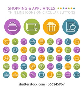 Set of 45 Elegant Universal White Shopping and Home Appliances Minimalistic Thin Line Icons on Circular Colored Buttons on White Background.