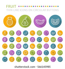 Set of 45 Elegant Universal White Fruit Minimalistic Thin Line Icons on Circular Colored Buttons on White Background.