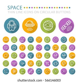 Set of 45 Elegant Universal White Space Minimalistic Thin Line Icons on Circular Colored Buttons on White Background.