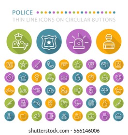 Set of 45 Elegant Universal White Police Minimalistic Thin Line Icons on Circular Colored Buttons on White Background.