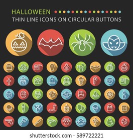 Set of 45 Elegant Universal White Halloween Minimalistic Thin Line Icons on Circular Colored Buttons on Black Background 