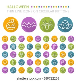Set of 45 Elegant Universal White Halloween Minimalistic Thin Line Icons on Circular Colored Buttons on White Background 