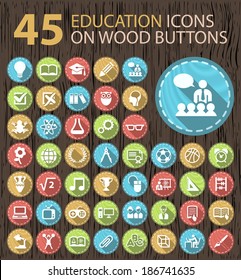 Set of 45 Flat Education Icons on Wood Vintage Buttons.