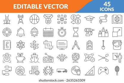 Set of 45 flat icons. Linear icon collection. Editable stroke. Vector illustration	
