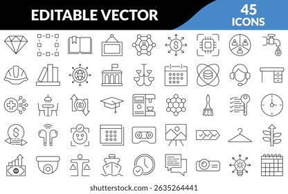 Set of 45 flat icons. Linear icon collection. Editable stroke. Vector illustration	