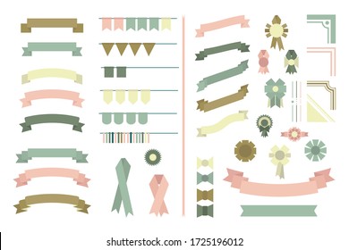 Set of 45 flat simple elements in pastel colors of different shapes. Ribbons, banners, bows, flags, icons, badges isolated on white background. For the design of children's items, web design, shops.