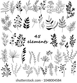 A set of 45 hand drawn floral elements. Combine them as you like and create your personal unique design. Vector illustartion EPS 10