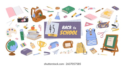 Set of 45 hand drawn school supplies and stationery items. Isolated illustrations. Back to school and education concepts. Backpacks, pencil cases, globe, books, rulers, blackboard. Flat vector bundle.