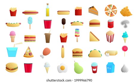 Set of 45 icons of delicious food and snacks items for a restaurant bar cafe on a white background: fast food, cheat meat, burger, pizza, hot dog, sandwich, fruits, vegetables