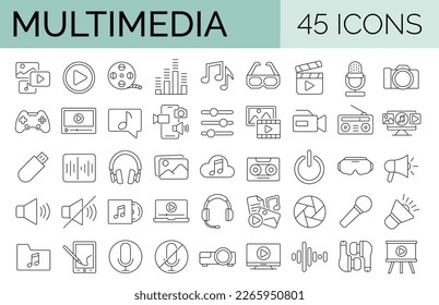 Conjunto de 45 iconos relacionados con medios, multimedia, audio, video, contenido, dispositivos. Trazo editable. Ilustración del vector