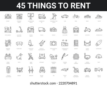 Set of 45 icons related to renting different stuff as equipment, sport gears, transport, buildings, pet and child items. Editable stroke