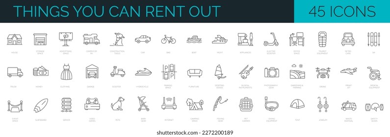 Set of 45 icons related to renting different stuff as equipment, sport gears, transport, buildings, pet and child items. Editable stroke
