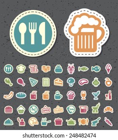 Set of 45 Isolated Universal Standard New Color Restaurant Icons Paper Cut Style on Black Background.