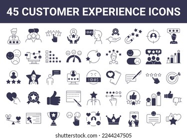 Set of 45 line Customer experience, review t,estimonials, feedback, social network  icons.  Modern graphic design concepts, simple outline elements collection. Editable stroke. Vector illustration