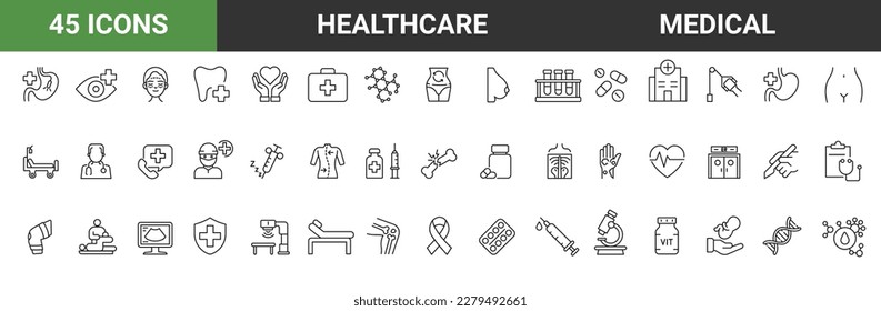 Set of 45 line icons healthcare medical. Medical care. Dermatology, gynecology, oncology, dentistry. Sports and fitness, Editable stroke Vector illustration. Outline icon collection