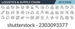 Set of 45 line icons related to supply chain, value chain, logistic, delivery, manufacturing, commerce. Outline icon collection. Vector illustration. Editable stroke