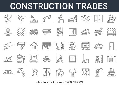 Conjunto de iconos de 45 líneas relacionados con diferentes tipos de obras de construcción. Actividades de construcción, ocupación. Stroke editable. Reparación, renovación, herramientas de trabajo, materiales 