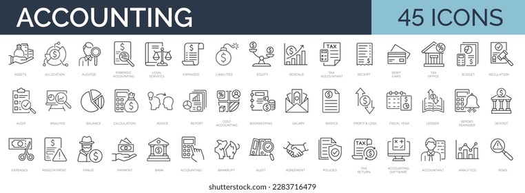 Set of 45 line icons related to accounting, audit, taxes. Outline icon collection. Business symbols. Editable stroke. Vector illustration - Shutterstock ID 2283716479