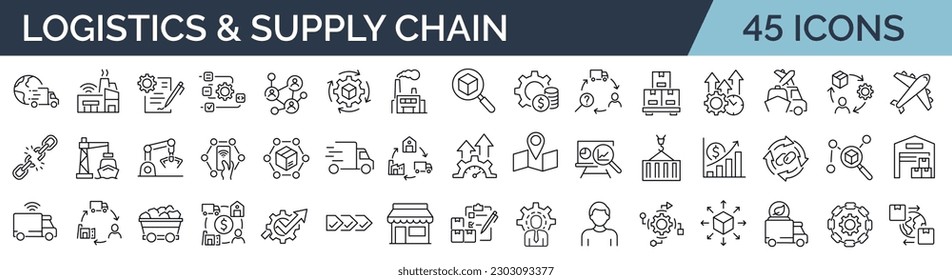 Set of 45 line icons related to supply chain, value chain, logistic, delivery, manufacturing, commerce. Outline icon collection. Vector illustration. Editable stroke