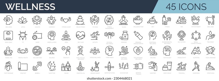 Set of 45 line icons related to wellness, wellbeing, mental health, healthcare, cosmetics, spa, medical. Outline icon collection. Editable stroke. Vector illustration - Shutterstock ID 2304468021