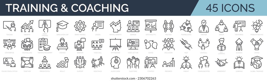 Set of 45 line icons related to training, coaching, mentoring, education, meeting, conference, teamwork. Outline icon collection. Editable stroke. Vector illustration