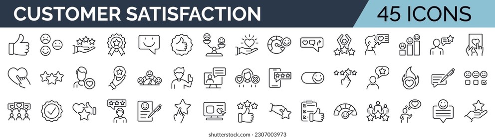 Set of 45 line icons related to customer experience, client satisfaction, review, feedback. Outline icon collection. Editable stroke. Vector illustration