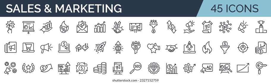 Set of 45 line icons related to sales and marketing. Outline icon collection. Editable stroke. Vector illustration