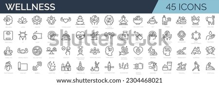 Set of 45 line icons related to wellness, wellbeing, mental health, healthcare, cosmetics, spa, medical. Outline icon collection. Editable stroke. Vector illustration
