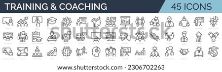 Set of 45 line icons related to training, coaching, mentoring, education, meeting, conference, teamwork. Outline icon collection. Editable stroke. Vector illustration
