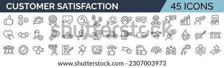 Set of 45 line icons related to customer experience, client satisfaction, review, feedback. Outline icon collection. Editable stroke. Vector illustration
