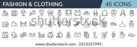 Set of 45 line icons related to fashion, sewing, clothing. Outline icon collection. Editable stroke. Vector illustration.