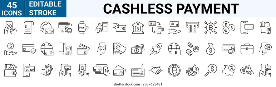 conjunto de iconos web de 45 líneas Pago sin efectivo. Tarjeta de crédito, tarjeta de débito, aplicación móvil, como NFC. dinero, bitcoin, trazo editable.